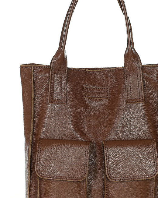Torebka skórzany shopper bag z kieszeniami - MARCO MAZZINI czekoladowy brąz