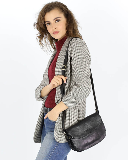 Czarna skórzana torebka saddle bag półksiężyc sztywna skóra - MARCO MAZZINI