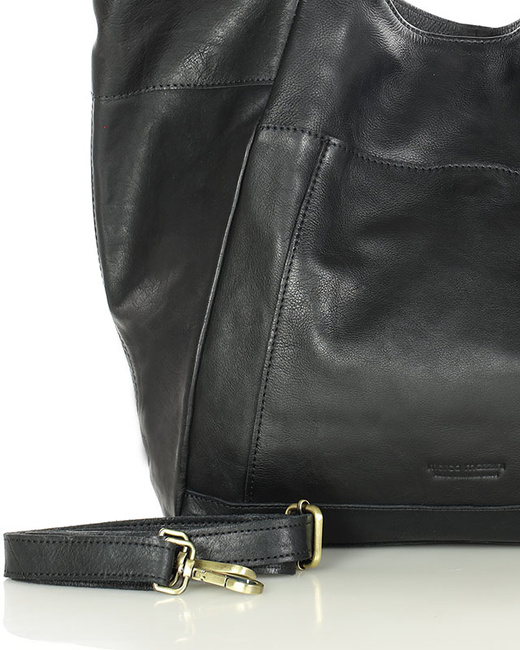 Duża skórzana torebka shopper z kieszenią - MARCO MAZZINI czarny