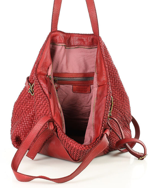 Oryginalna torebka pleciona damska skórzany shopper bag - MARCO MAZZINI bordowy czerwony