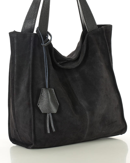 Czarna torba zamszowa ze skóry typu shopper - MARCO MAZZINI