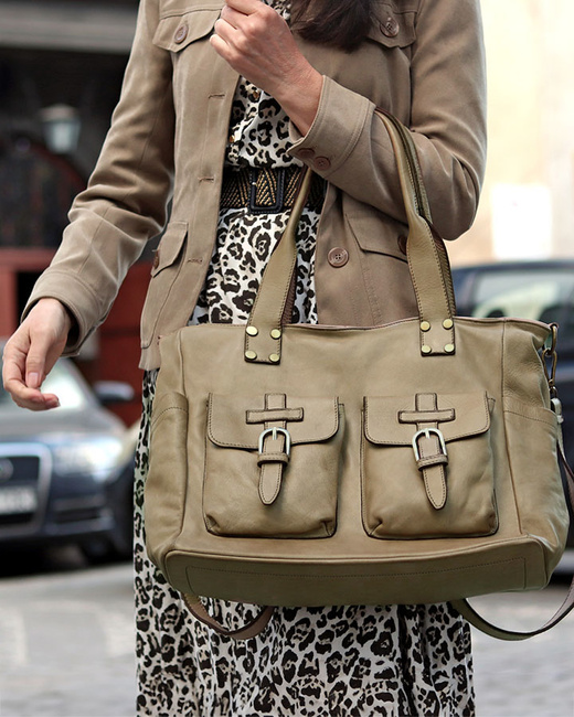 Torba skórzana shopper XL na ramię z dwoma kieszeniami MARCO MAZZINI beżowa