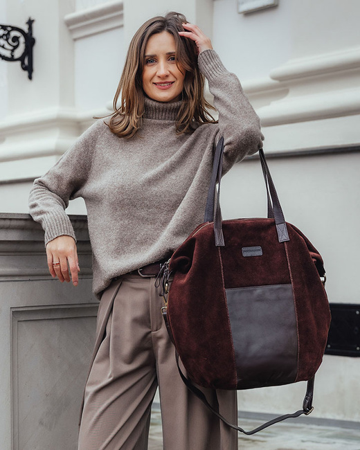 Torba skórzana zamszowa shopper z kieszeniami - It bag MARCO MAZZINI ciemny brąz