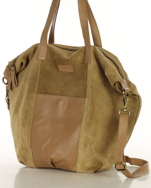 Torba skórzana zamszowa shopper z kieszeniami - It bag MARCO MAZZINI beżowa