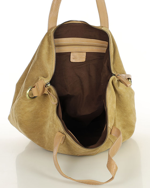 Torba skórzana zamszowa shopper z kieszeniami - It bag MARCO MAZZINI beżowa