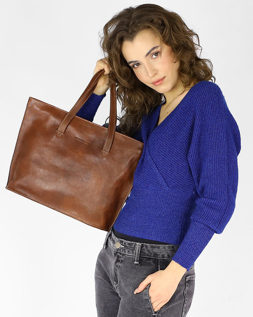 Torebka damska shopper uszlachetniona skóra włoska - MARCO MAZZINI brązowa