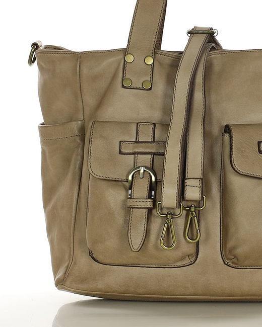 Torba skórzana shopper XL na ramię z dwoma kieszeniami MARCO MAZZINI beżowa