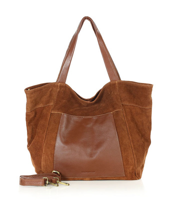 Duża torba zamszowa shopper skórzany z kieszenią - MARCO MAZZINI brązowy