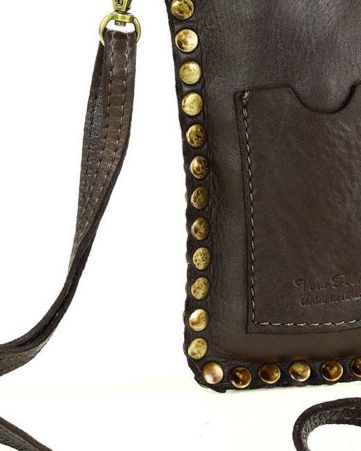 Torebka na telefon z dżetami skórzana phone case - MARCO MAZZINI brąz caffe