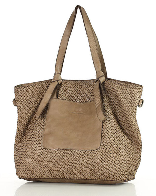 Oryginalna torebka pleciona damska skórzany shopper bag - MARCO MAZZINI beż taupe