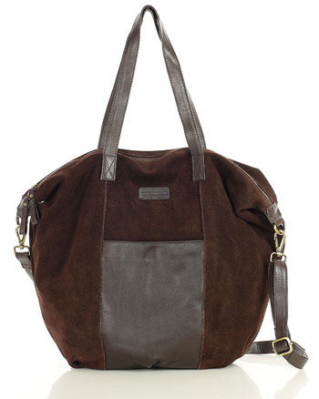 Torba skórzana zamszowa shopper z kieszeniami - It bag MARCO MAZZINI ciemny brąz