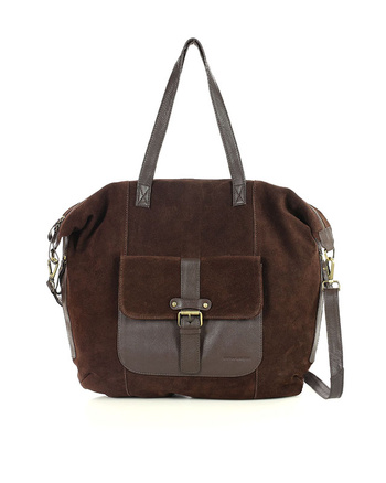 Duża ciemnobrązowa shopperka zamszowa skórzana z kieszenią – MARCO MAZZINI