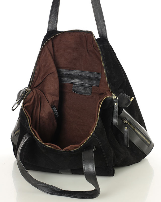 Duża czarna shopperka zamszowa skórzana z kieszenią – MARCO MAZZINI