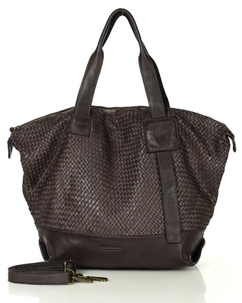 Ciemnobrązowa torebka pleciona shopper A4 z miękkiej włoskiej skóry Marco Mazzini