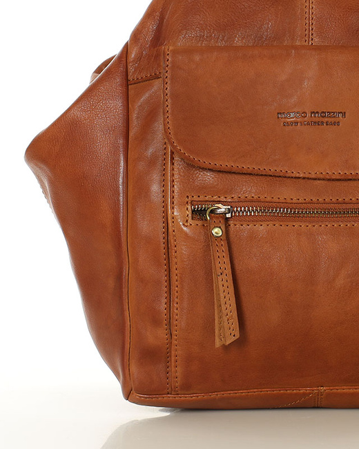 Brązowy skórzany plecak damski z bezpiecznym dostępem do wnętrza – MARCO MAZZINI camel