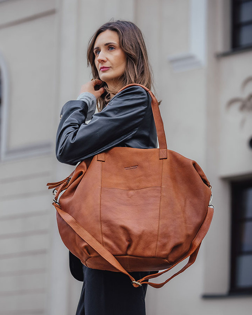 Torba damska skórzana shopper z kieszeniami - It bag MARCO MAZZINI brąz camel