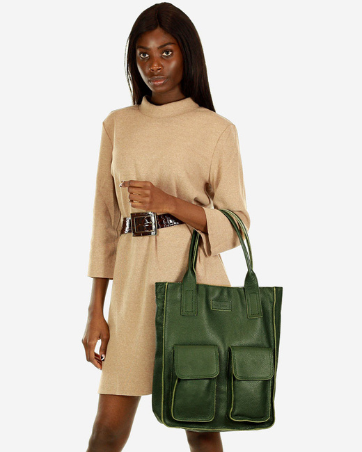 Torebka skórzany shopper bag z kieszeniami - MARCO MAZZINI Ravenna ciemny zielony