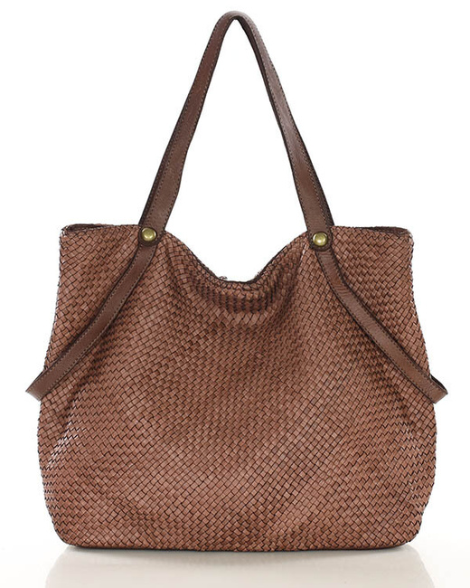 Duża torebka pleciona shopperka ze skóry - MARCO MAZZINI brązowa