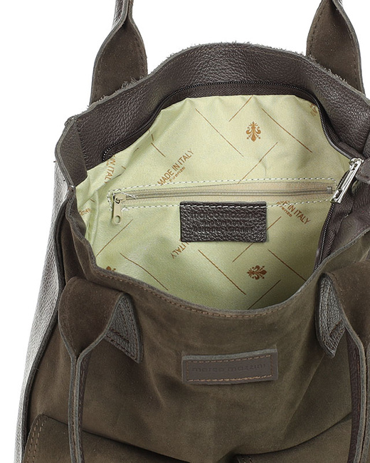 Torebka zamszowa shopper bag z kieszeniami skóra naturalna - MARCO MAZZINI ciemny brąz