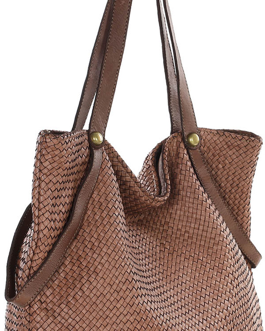Duża torebka pleciona shopperka ze skóry - MARCO MAZZINI brązowa