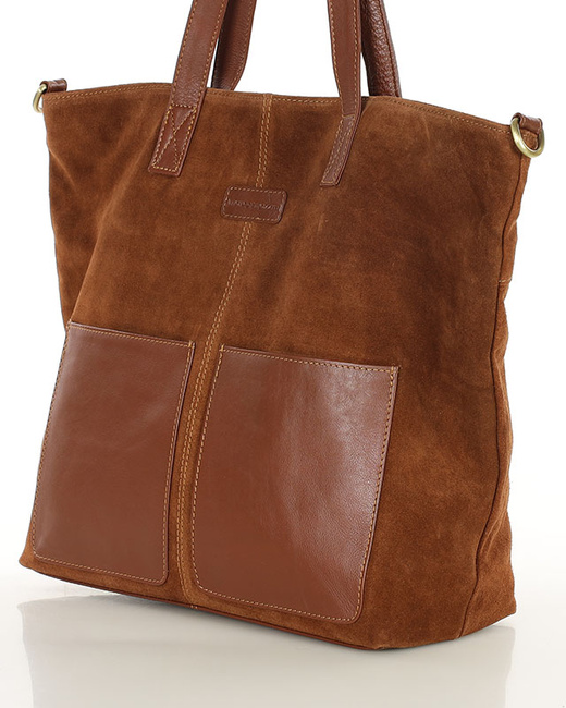 Torebka damska shopper duża zamszowa z kieszonkami – MARCO MAZZINI brązowa