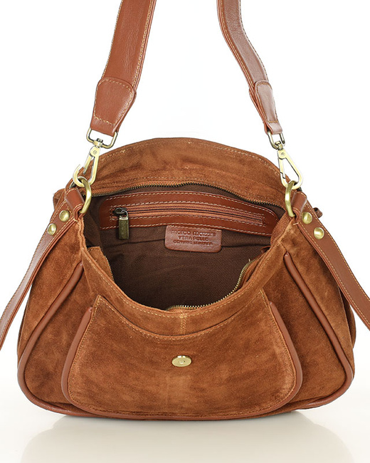 Torebka zamszowa saddle bag skórzana na ramię - MARCO MAZZINI brąz camel