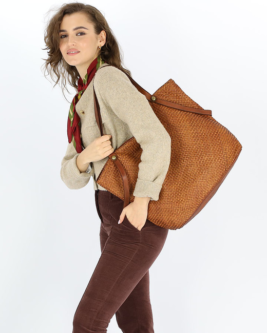 Duża torebka pleciona shopperka ze skóry - MARCO MAZZINI camelowa