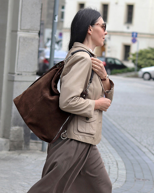 Torebka skórzana ponadczasowy design worek na ramię XL hobo leather bag - MARCO MAZZINI nubuk brąz caffe