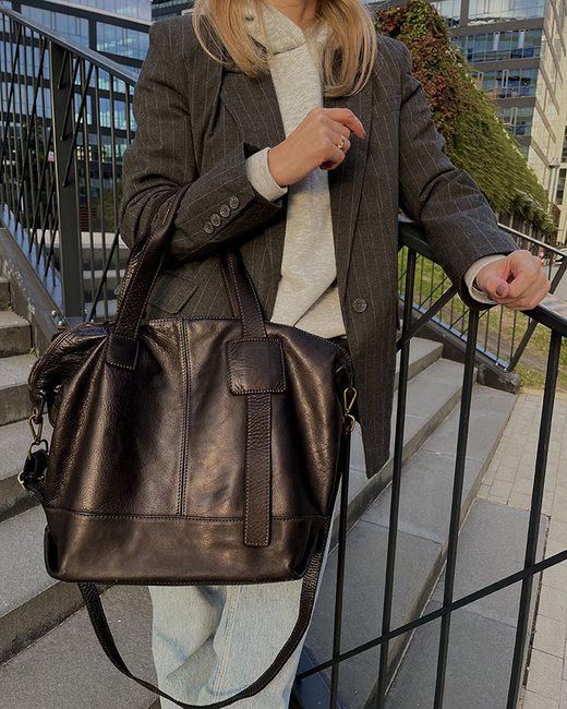 Duża torba shopper czarna A4 z miękkiej włoskiej skóry Marco Mazzini