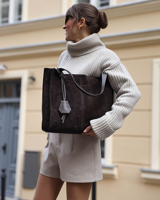 Ciemnobrązowa torba zamszowa ze skóry typu shopper - MARCO MAZZINI