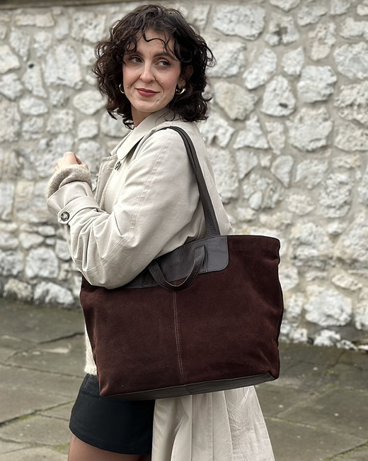 Duża torba zamszowa skórzana podwójne rączki - MARCO MAZZINI ciemny brąz