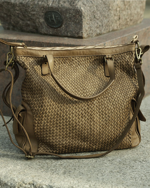 Miejska torebka regulowane raczki shopper pleciona skóra handmade MARCO MAZZINI beż