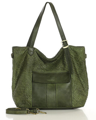 Duża torebka pleciona na ramię shopperka skórzana - MARCO MAZZINI zielona