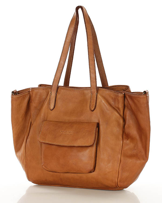 Torebka damska trzykomorowa shopperka skórzana - MARCO MAZZINI brąz camel