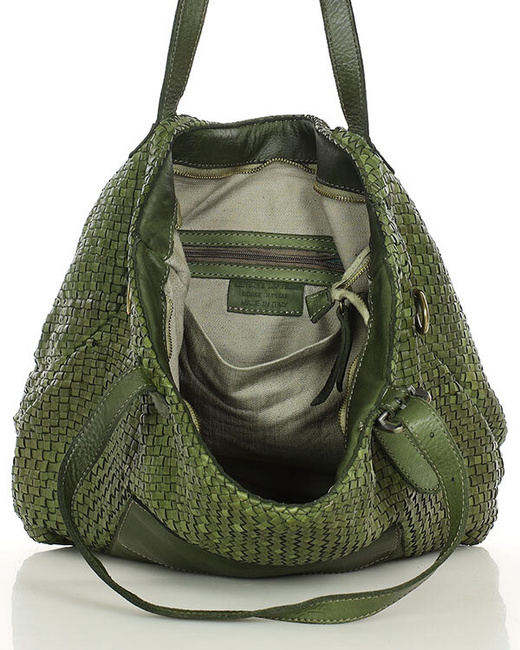 Duża torebka pleciona na ramię shopperka skórzana - MARCO MAZZINI zielona