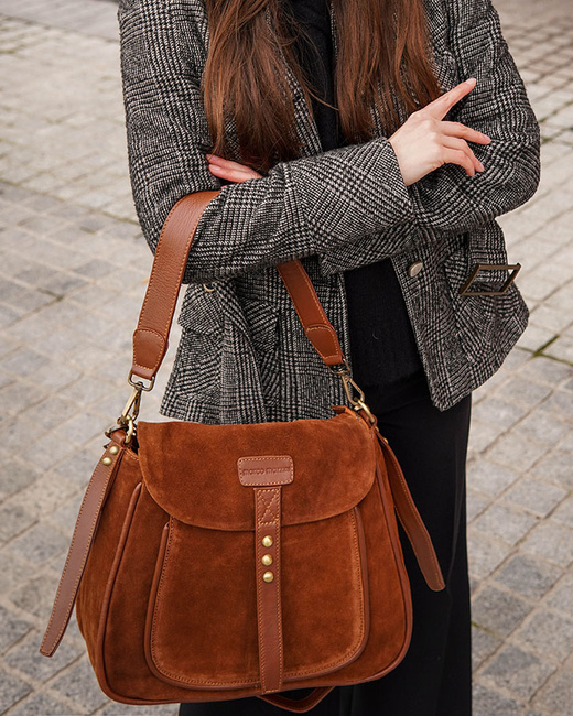 Torebka zamszowa saddle bag skórzana na ramię - MARCO MAZZINI brąz camel