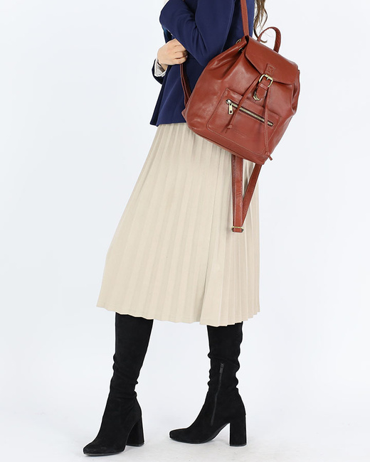 Plecak brązowy damski z kieszenią skóra naturalna - MARCO MAZZINI brąz whisky