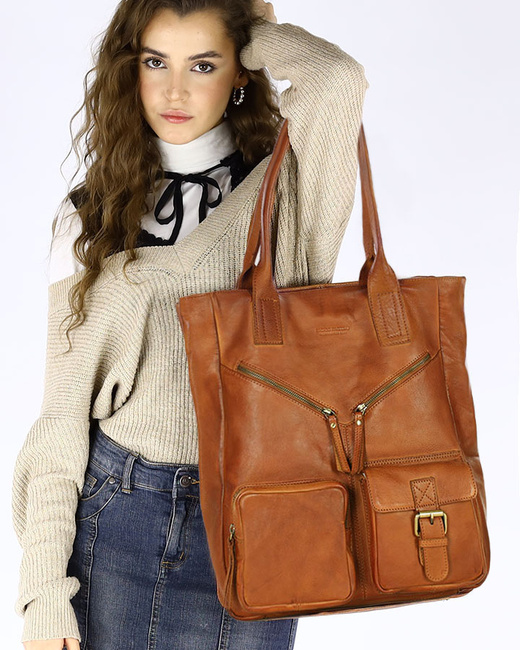 Duża torba shopper z przegródkami skóra naturalna - MARCO MAZZINI brąz camel