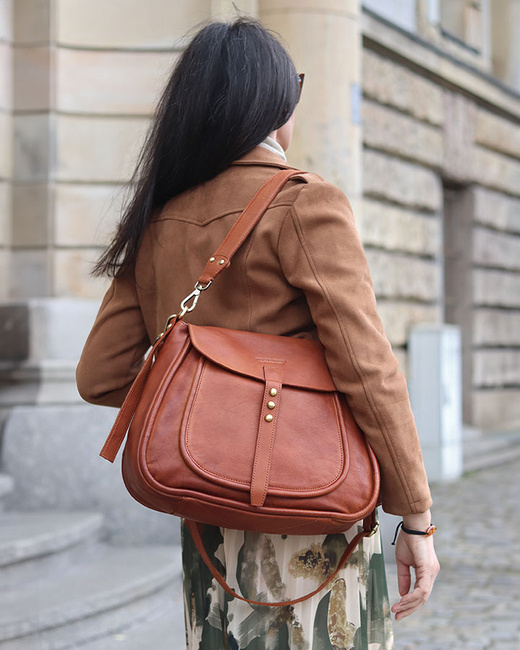 Saddle bag skórzana torebka damska na ramię - MARCO MAZZINI brąz kamelowy