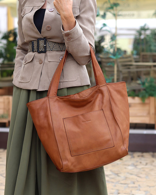 Shopperka torebka skórzana miejska - MARCO MAZZINI brąz camel