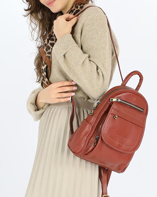 Plecak skórzany damski perfekcyjna organizacja - MARCO MAZZINI brąz whisky