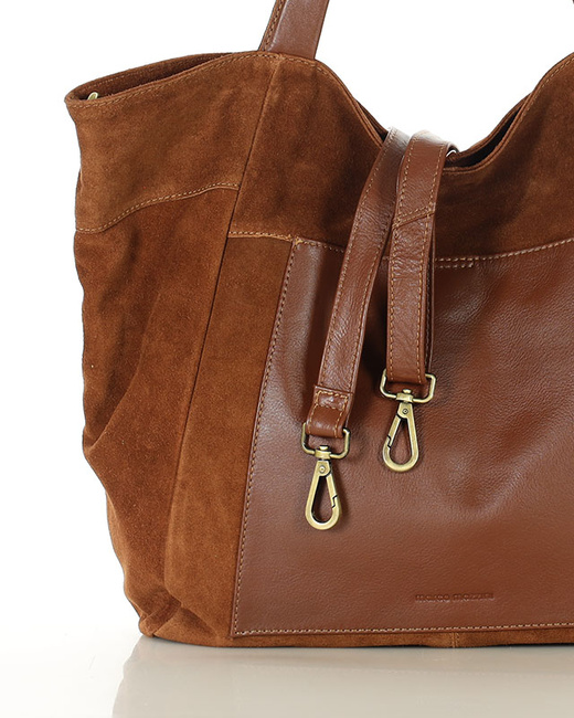 Duża torba zamszowa shopper skórzany z kieszenią - MARCO MAZZINI brązowy