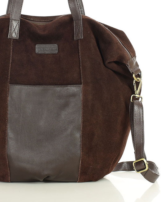 Torba skórzana zamszowa shopper z kieszeniami - It bag MARCO MAZZINI ciemny brąz