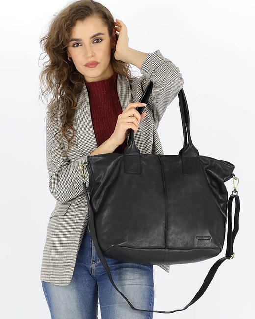 Czarna torebka skórzana na ramię shopper na długich rączkach - MARCO MAZZINI