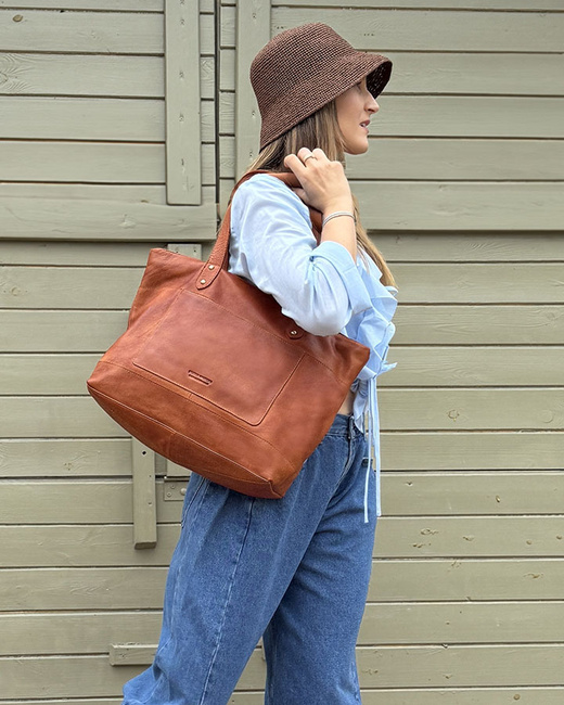 Torebka skórzana shopper damski z przegródkami - MARCO MAZZINI camelowy brąz