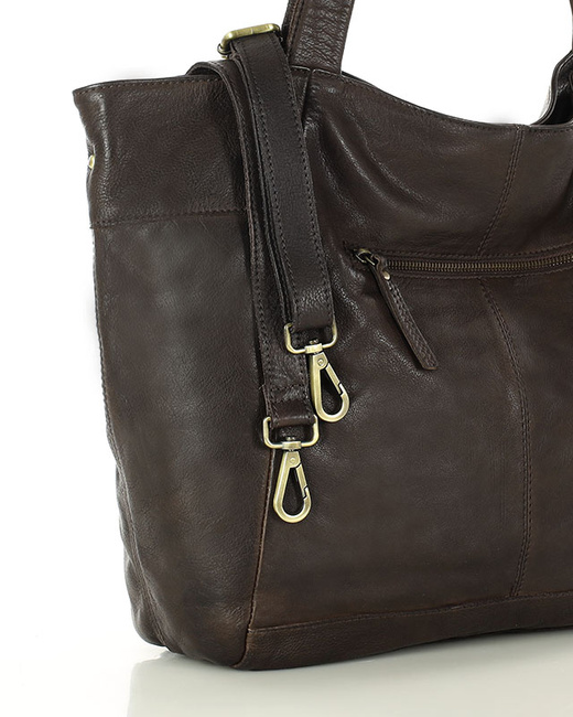 Duża skórzana torebka shopper z kieszenią - MARCO MAZZINI czekoladowy brąz