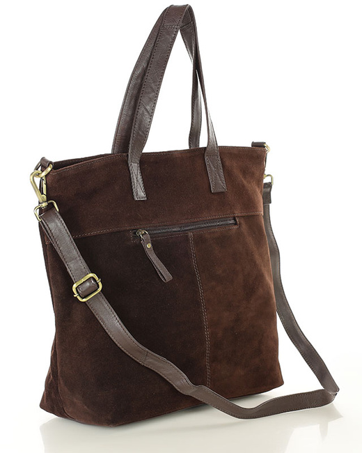 Torebka damska shopper duża zamszowa z kieszonkami – MARCO MAZZINI ciemnobrązowa