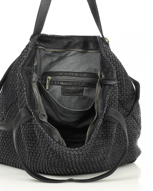 Duża torebka pleciona shopperka ze skóry - MARCO MAZZINI czarna