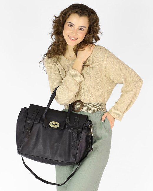 Kultowa torba damska do ręki ze skóry vintage capsule leather bag MARCO MAZZINI czarna