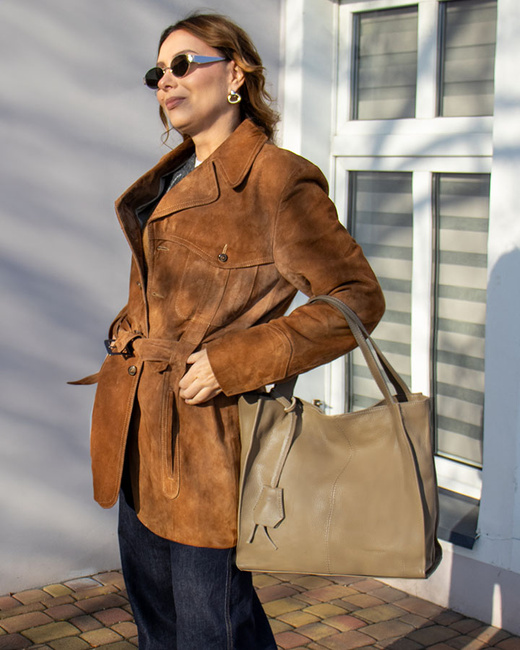 Modna torebka damska skórzany shopper bag - MARCO MAZZINI Portofino Max beżowy taupe